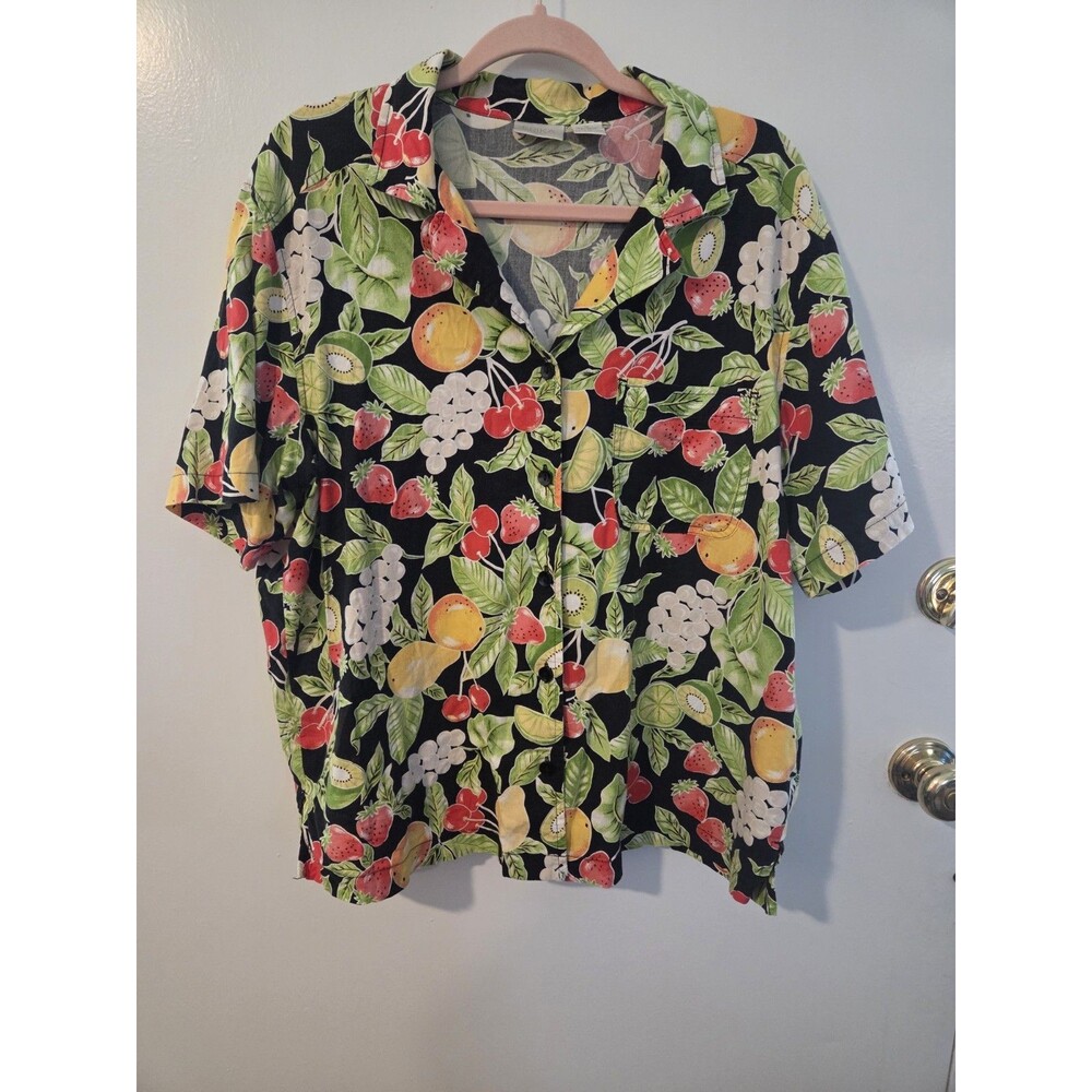 Erika Womens Sz 1X Fruit Print Button Up Short Sleeve Top Summer Casual Fun Boxy